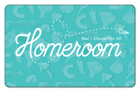 Homeroom logo over teal background with pasta and vegatbles